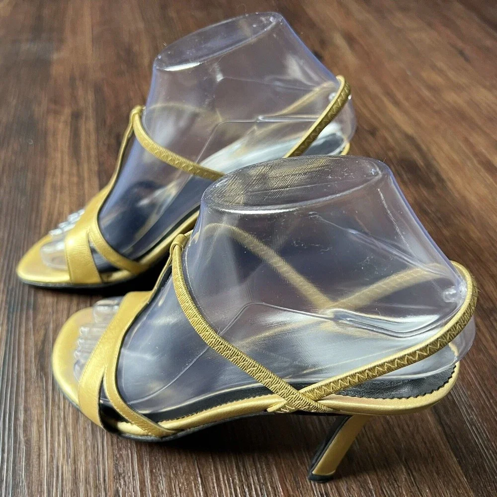 Bebe Sandals Size 6.5 Gillie Crossover Strappy Slingback Heels Metal Gold Yellow